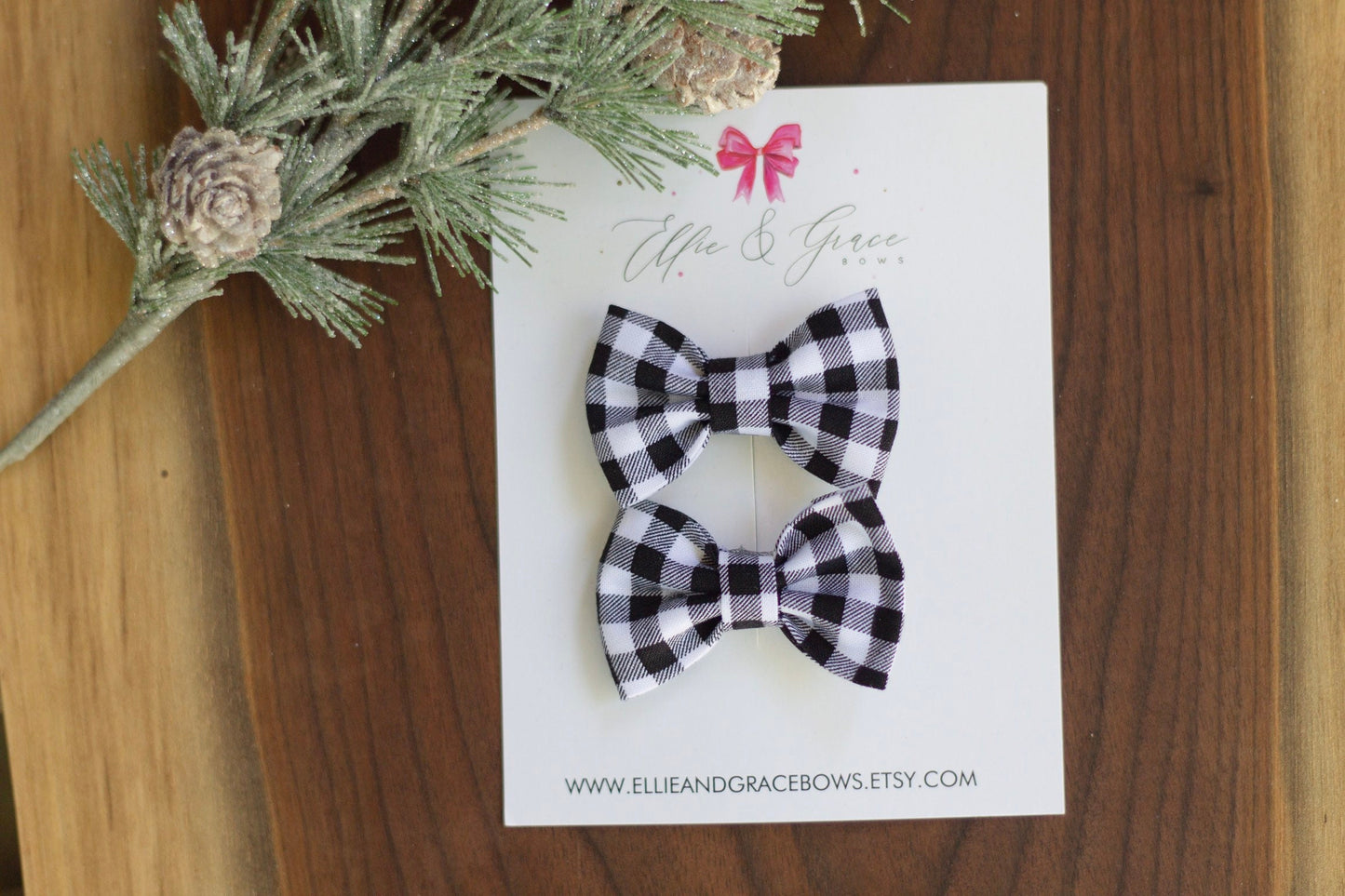 Buffalo Plaid Pigtail Bow Set: Black and White Hair Clips