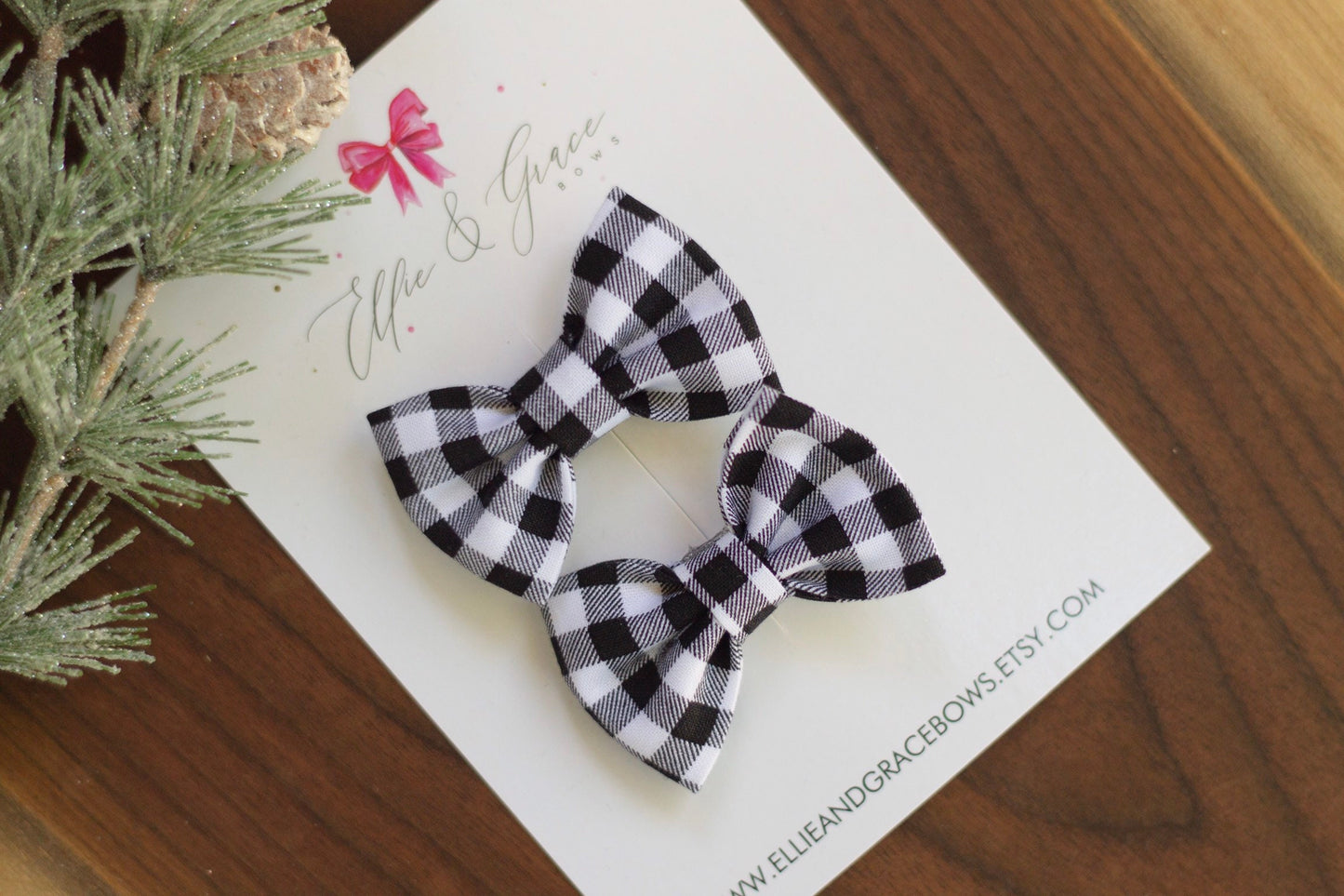 Buffalo Plaid Pigtail Bow Set: Black and White Hair Clips
