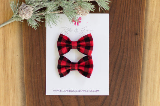 Buffalo Plaid Christmas Pigtail Bow Set - 2 Inch Hair Clips