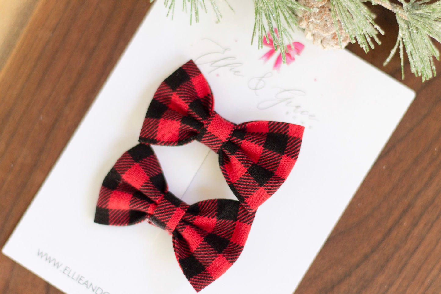 Buffalo Plaid Christmas Pigtail Bow Set - 2 Inch Hair Clips