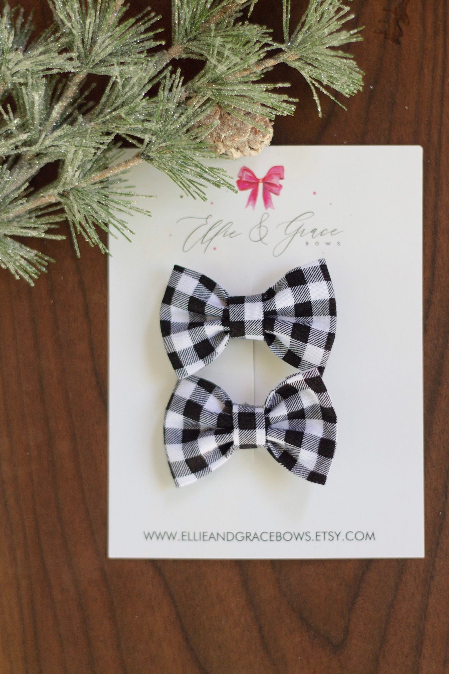 Buffalo Plaid Pigtail Bow Set: Black and White Hair Clips