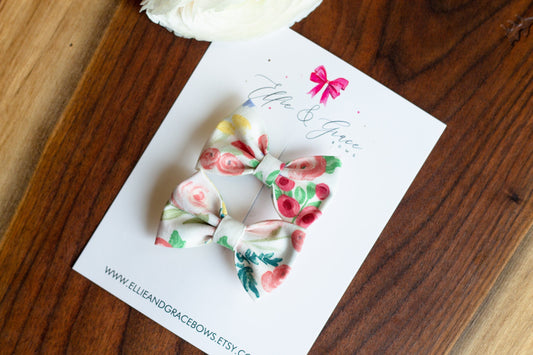 Floral Pigtail Hair Bow Set: Cream Cotton Hair Clips