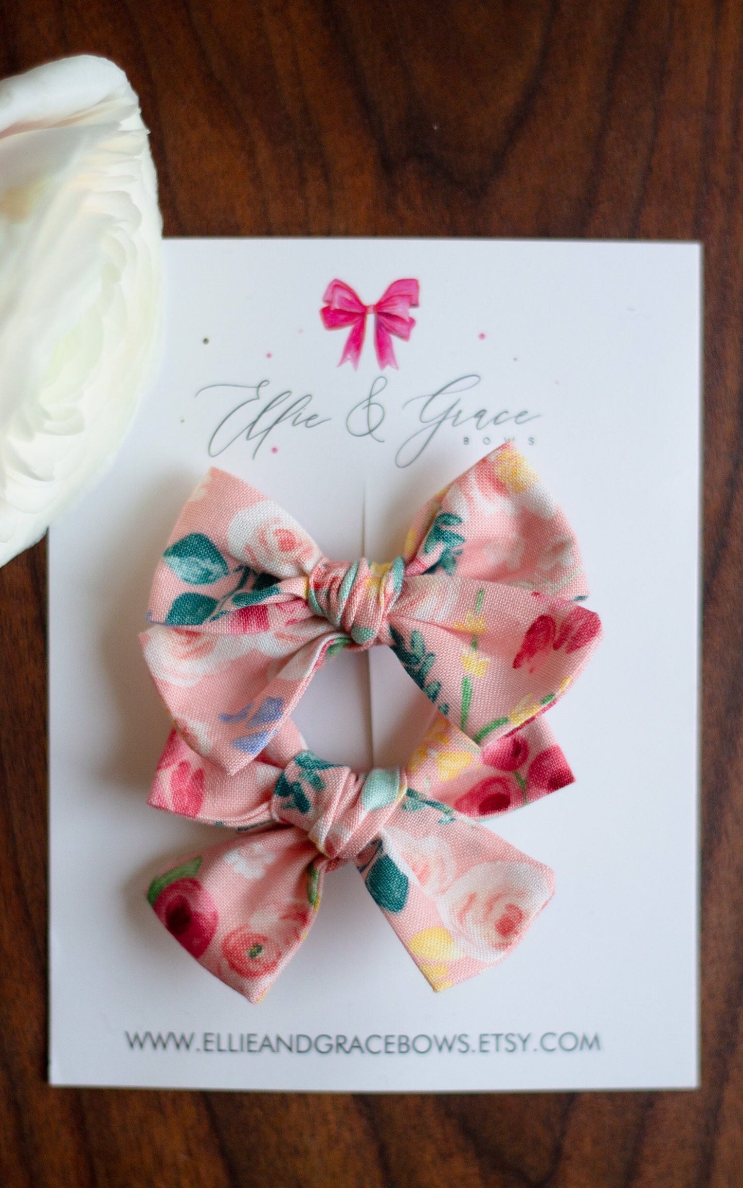 Floral Pigtail Bow Set: Pink Cotton Hair Clips, Toddler Girl (3 inch)