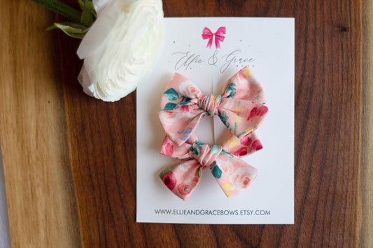 Floral Pigtail Bow Set: Pink Cotton Hair Clips, Toddler Girl (3 inch)