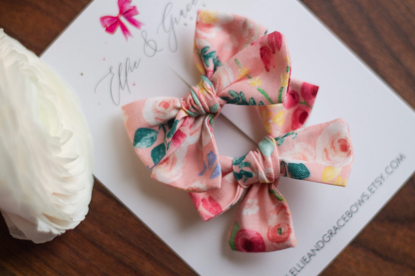 Floral Pigtail Bow Set: Pink Cotton Hair Clips, Toddler Girl (3 inch)
