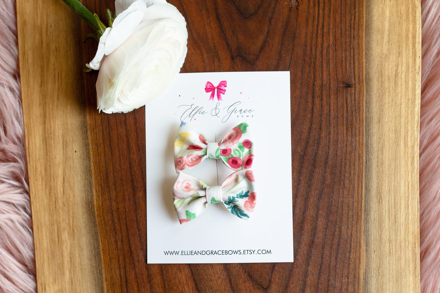 Floral Pigtail Hair Bow Set: Cream Cotton Hair Clips