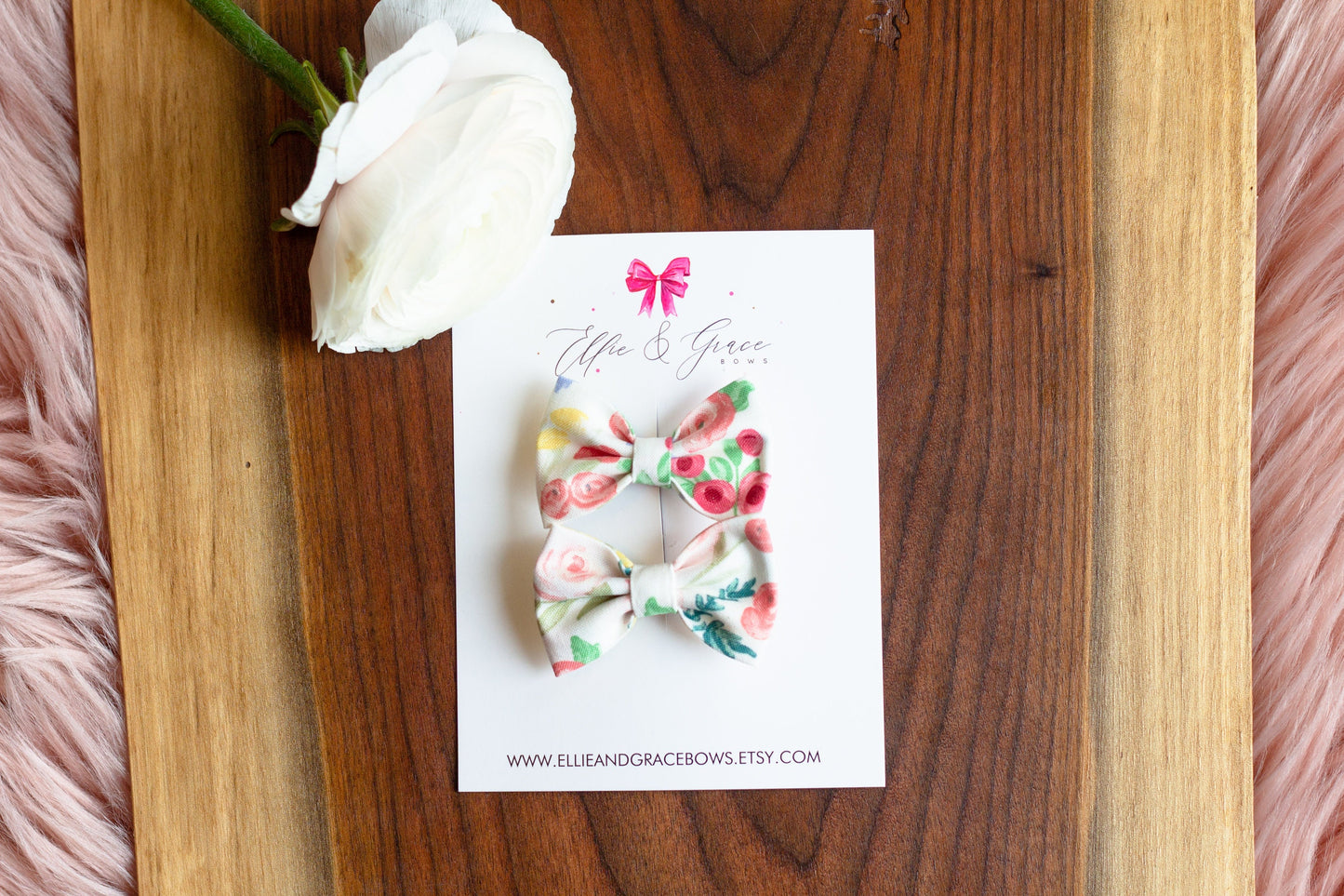 Floral Pigtail Hair Bow Set: Cream Cotton Hair Clips