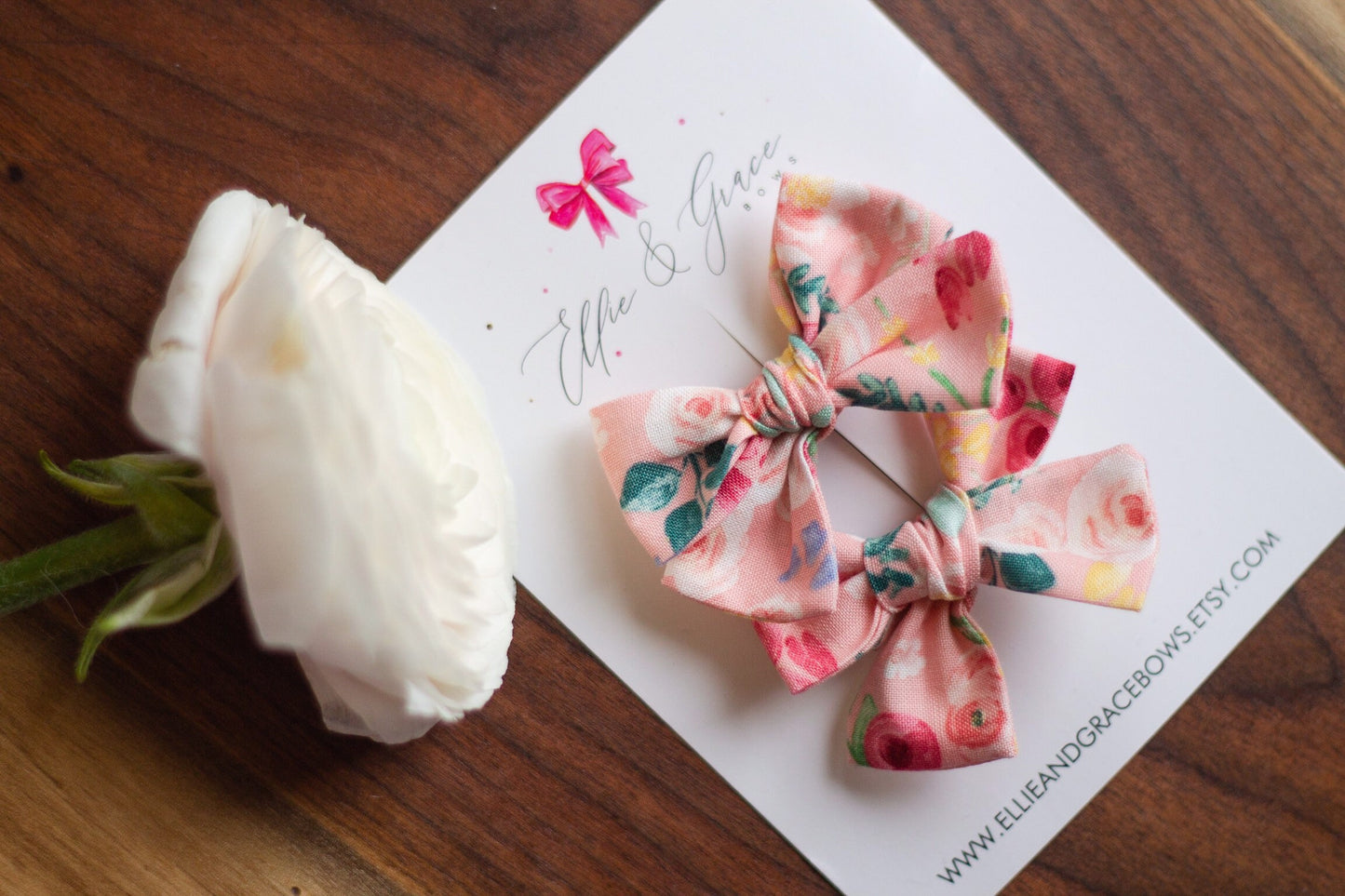 Floral Pigtail Bow Set: Pink Cotton Hair Clips, Toddler Girl (3 inch)