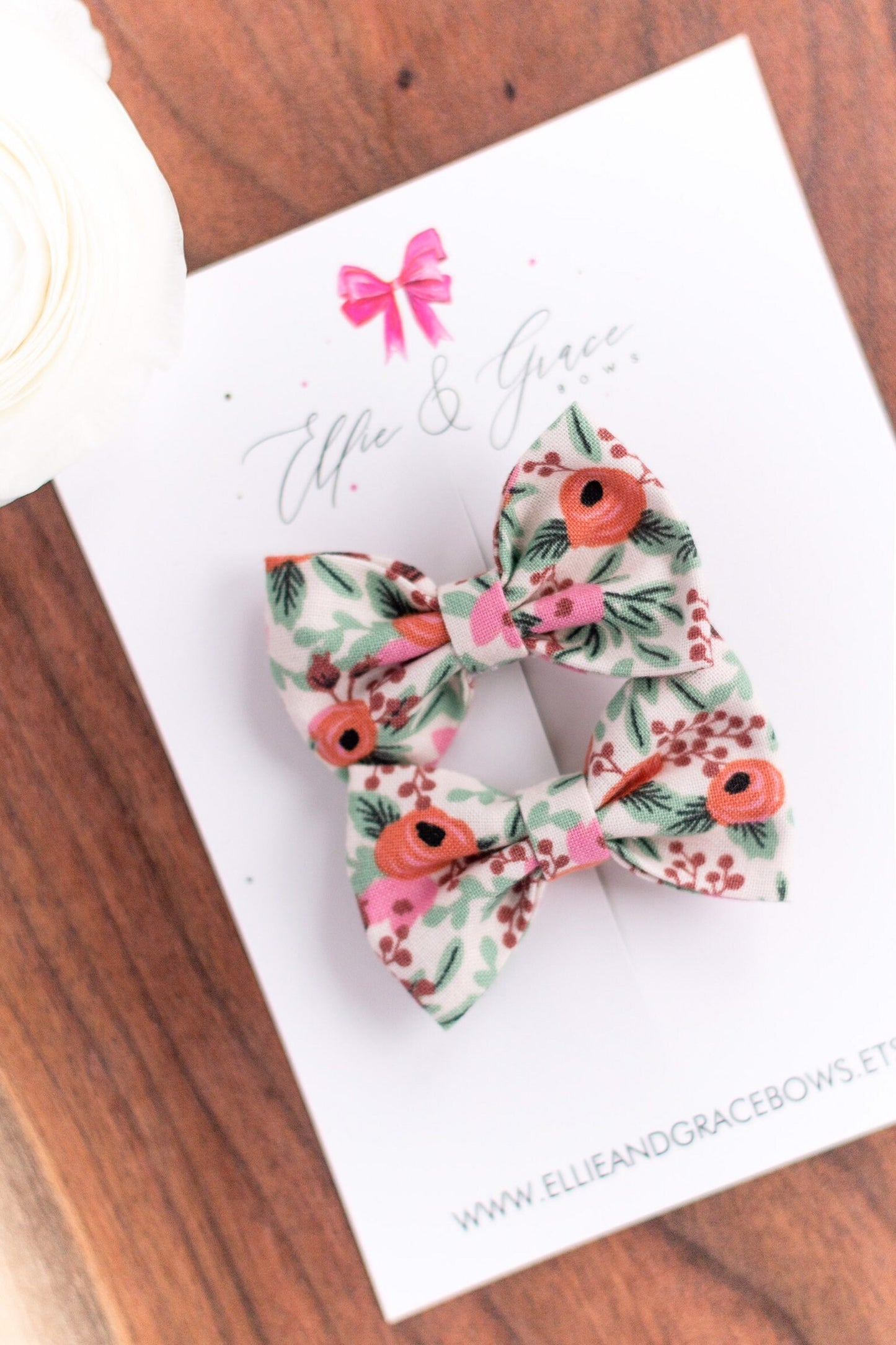 Floral Pigtail Bows: Red & Pink Cotton Alligator Clips (Set of 2)