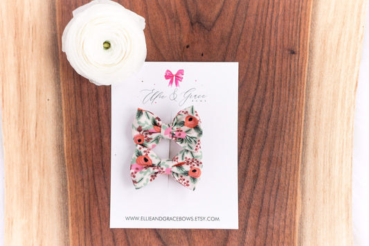 Floral Pigtail Bows: Red & Pink Cotton Alligator Clips (Set of 2)