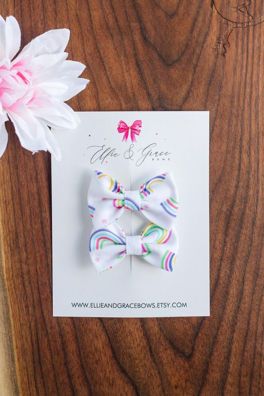 Rainbow Pigtail Bow Set: Cotton Fabric Hair Clips - 2 Inch