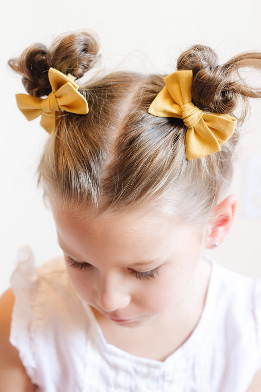 Mustard Yellow Fall Hair Clips - Bows for Girls - Pigtail Bow Set - Barrettes and Clips