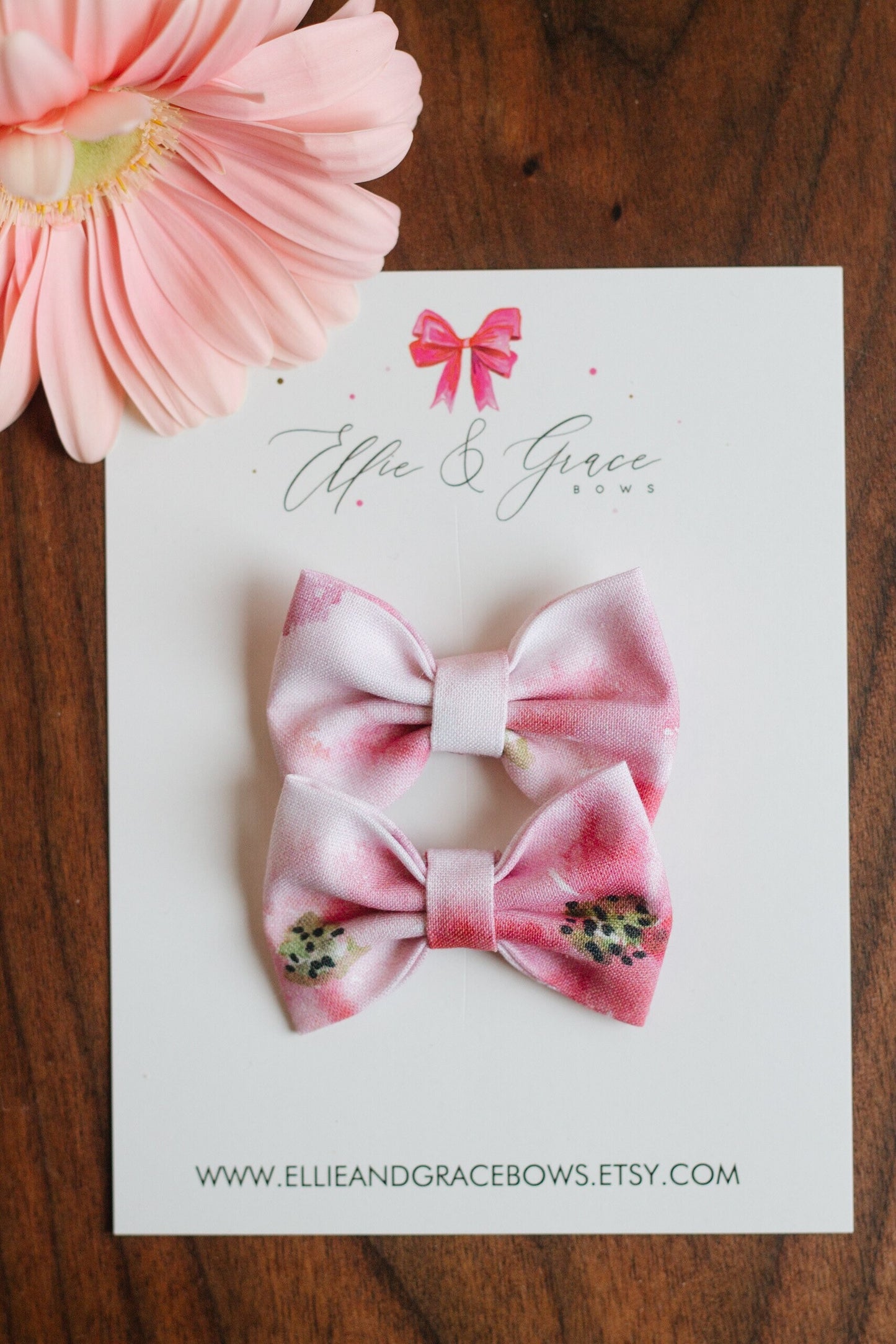 Floral Pigtail Bow Set: Watercolor Pink Cotton Hair Clips (2-inch)