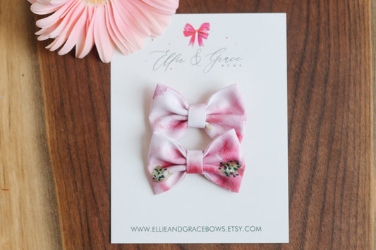 Floral Pigtail Bow Set: Watercolor Pink Cotton Hair Clips (2-inch)