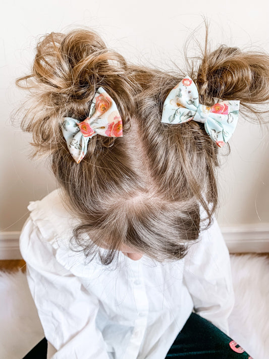 Mint Green Floral Pigtail Bow Set: 2-Inch Toddler Hair Clips