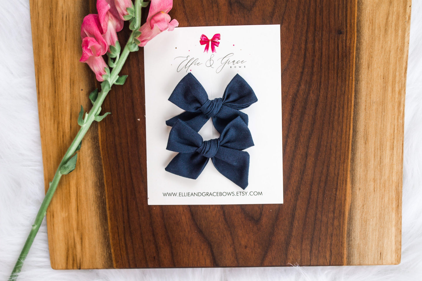 Navy Blue Cotton Hair Bows: Pigtail Clip Set