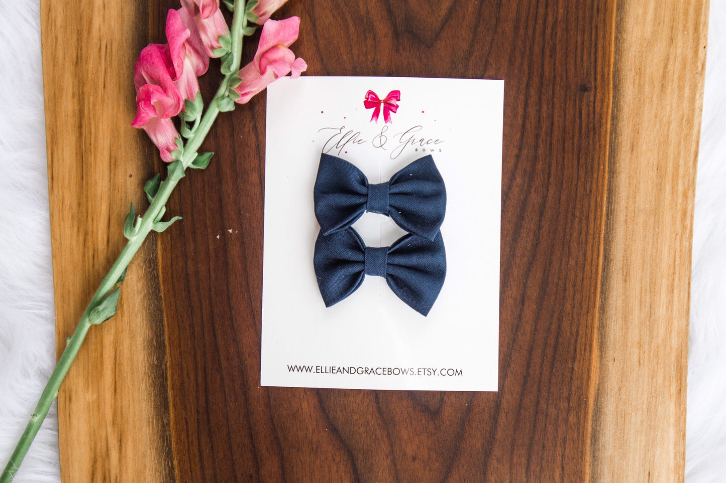 Navy Blue Cotton Pigtail Bow Set - 2 inch Hair Clips