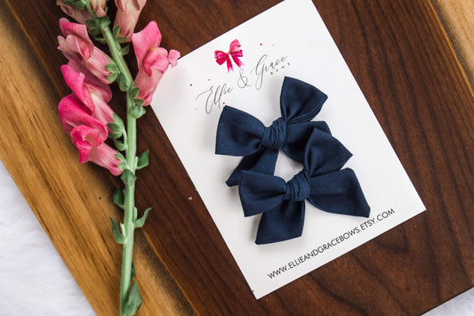Navy Blue Cotton Hair Bows: Pigtail Clip Set
