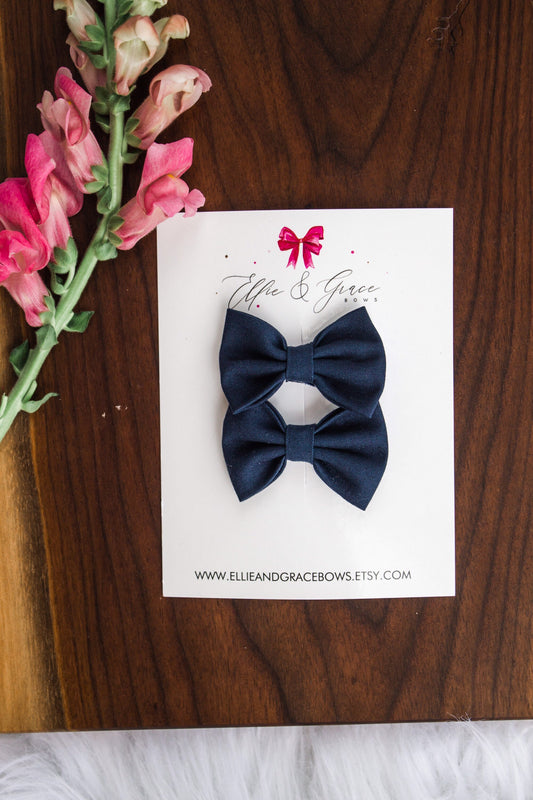 Navy Blue Cotton Pigtail Bow Set - 2 inch Hair Clips
