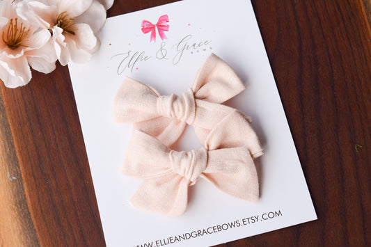 Blush Pink Linen Pigtail Bows - Hand Tied Bows - Alligator Clip Bows - Toddler Girl Hair Clips