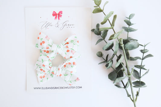 Floral Pigtail Bows: White & Red Cotton Hair Clips (Set of 2)