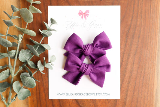 Dark Purple Pigtail Bow Set: Cotton Alligator Hair Clips