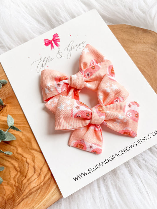 Cotton Fabric Back to School Toddler Girl Pigtail Bow Set