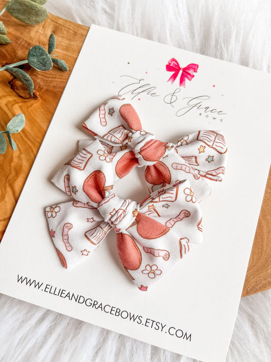 Back to School Pigtail Bows: Books & Apples Cotton Hair Clips