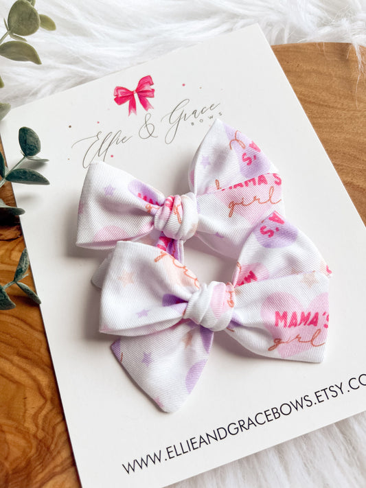 Mama's Girl Pigtail Bow Set: Cotton Fabric Hair Bows