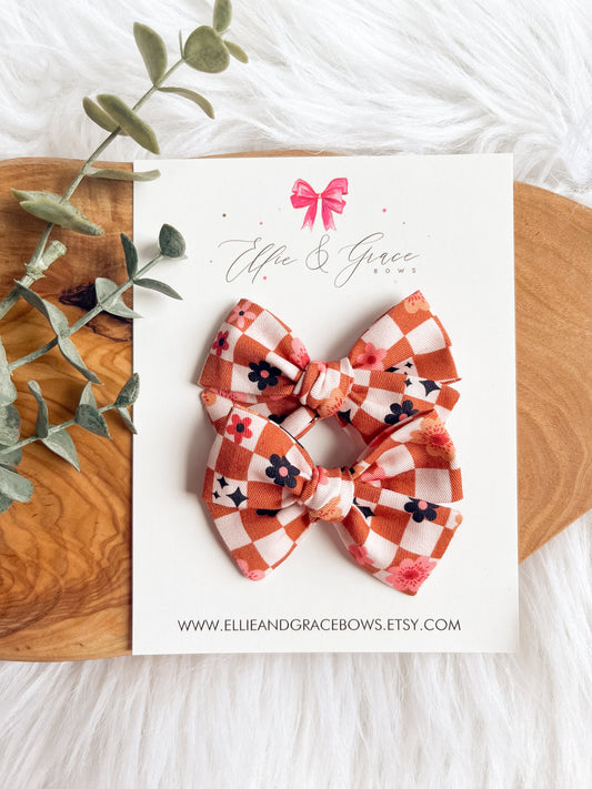 Checkered Flower Bows: Cotton Pigtail Clip Set