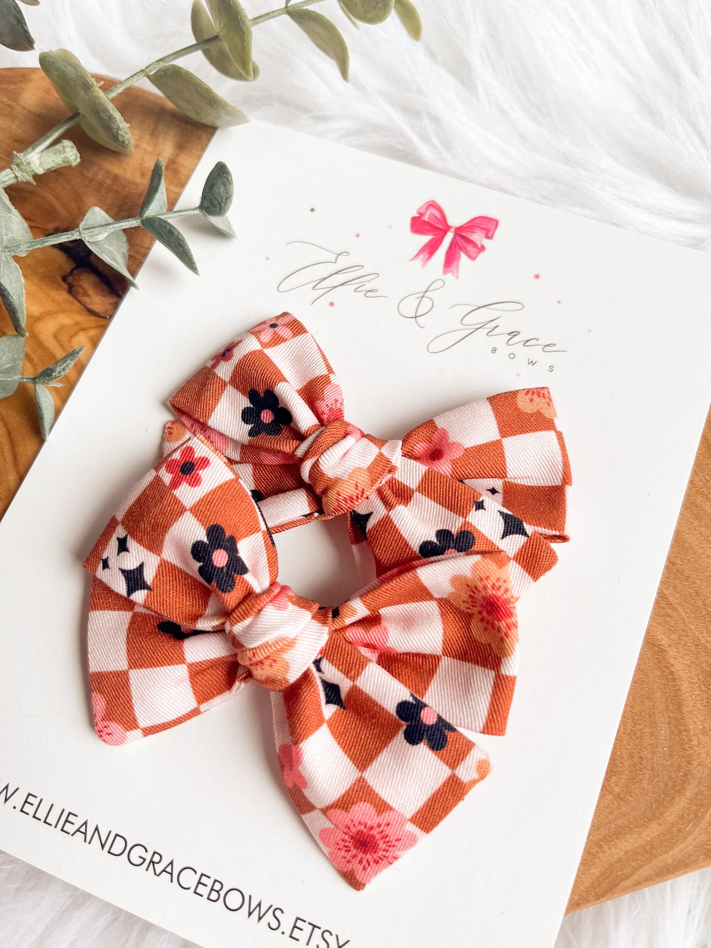 Checkered Flower Bows: Cotton Pigtail Clip Set