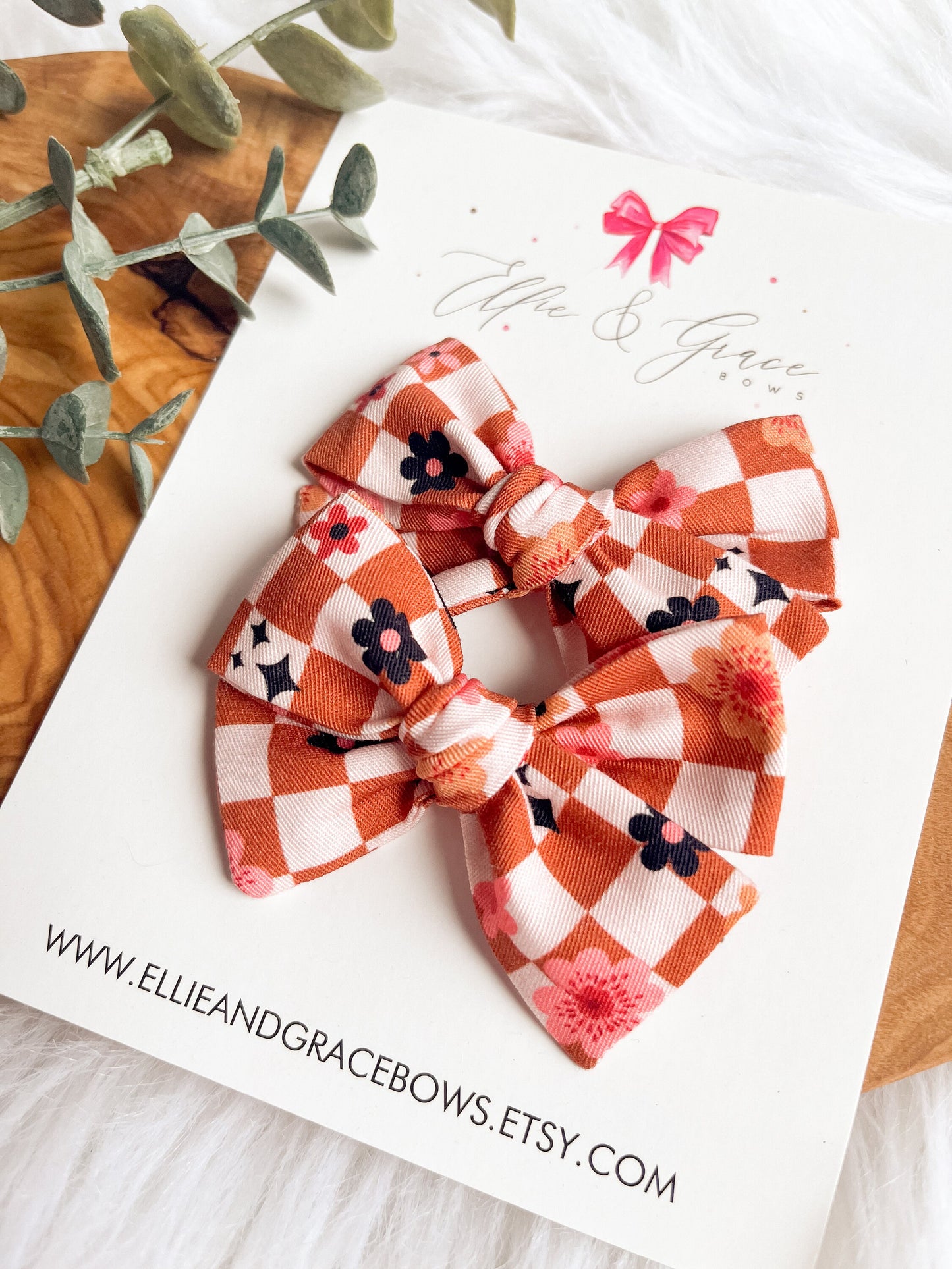 Checkered Flower Bows: Cotton Pigtail Clip Set