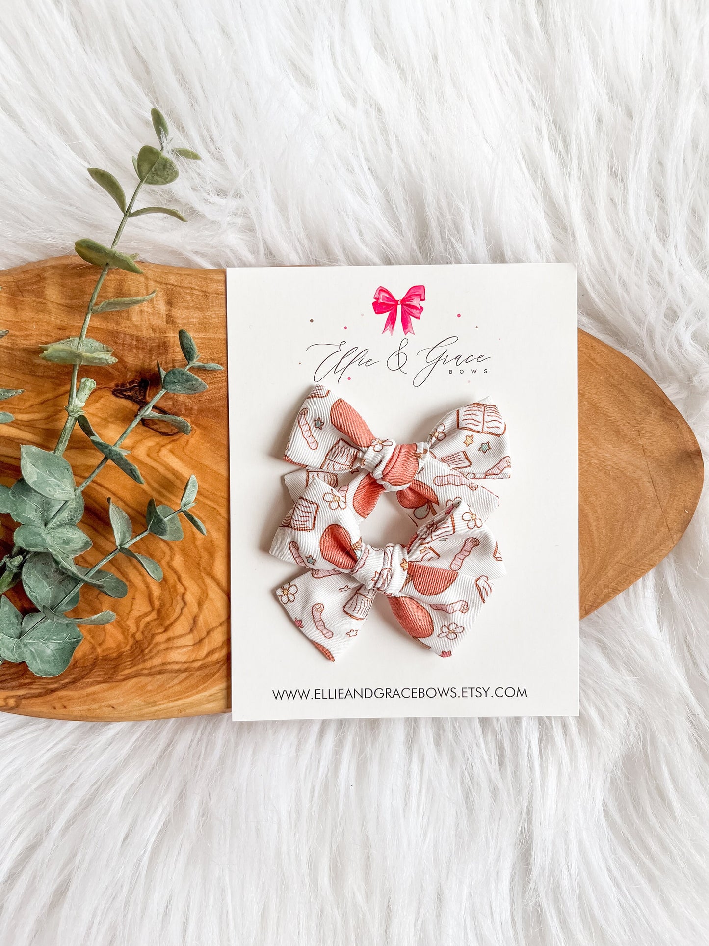 Back to School Pigtail Bows: Books & Apples Cotton Hair Clips