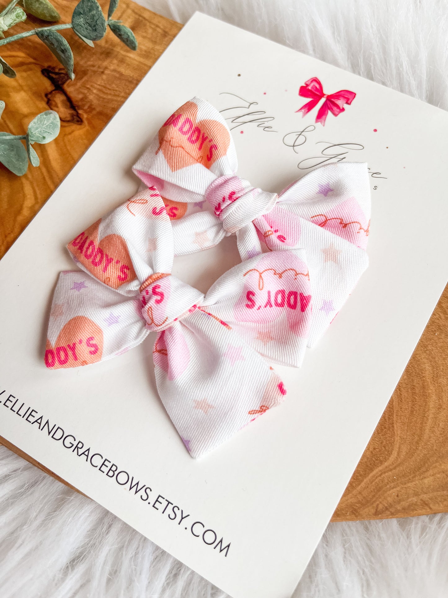 Daddy's Girl Pinwheel Bow Set - Valentines Day Cotton Fabric Bows - Toddler Girl Hair Clips