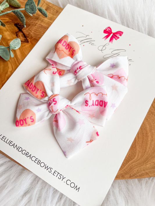 Daddy's Girl Pinwheel Bow Set - Valentines Day Cotton Fabric Bows - Toddler Girl Hair Clips