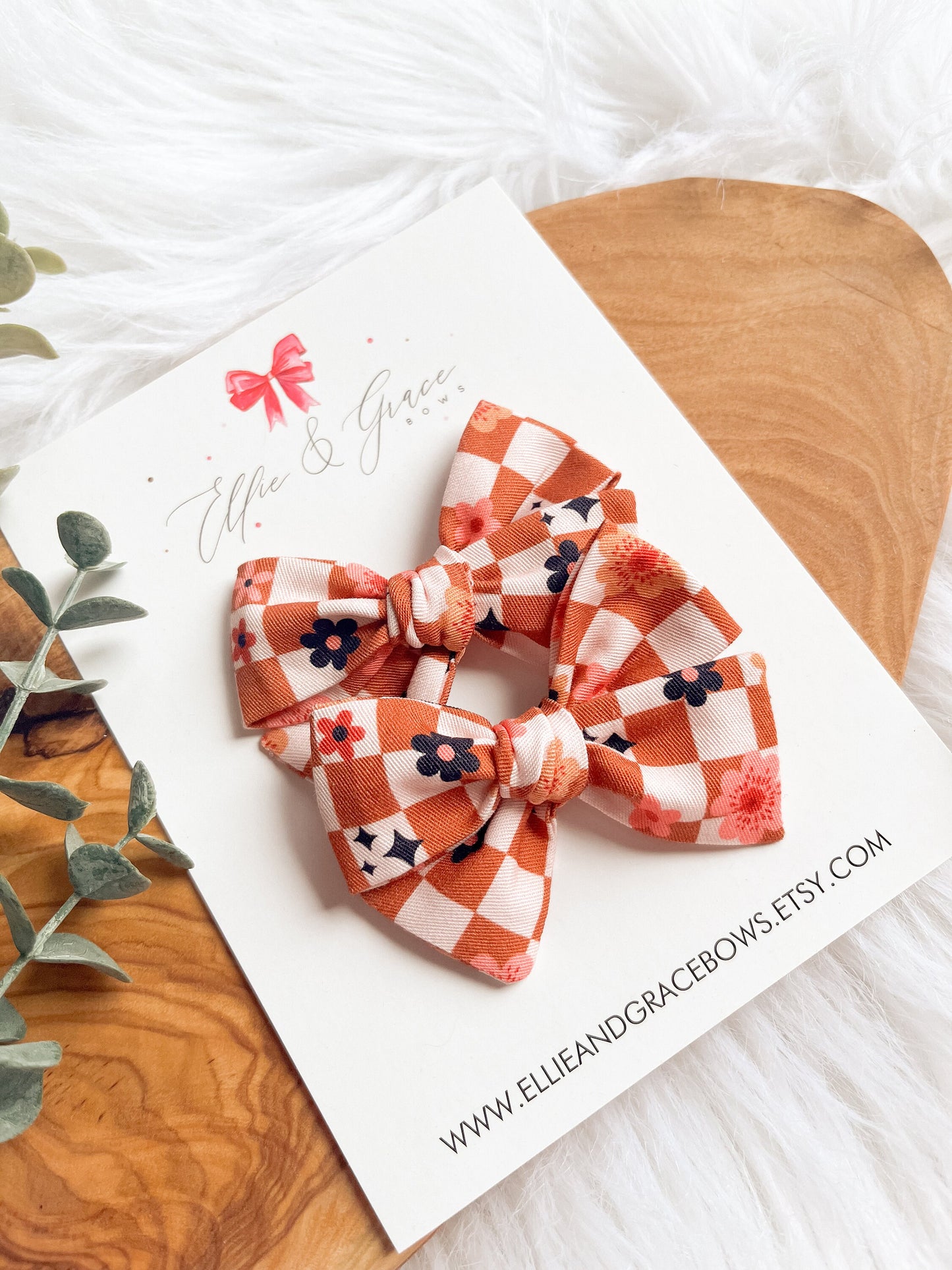 Checkered Flower Bows: Cotton Pigtail Clip Set