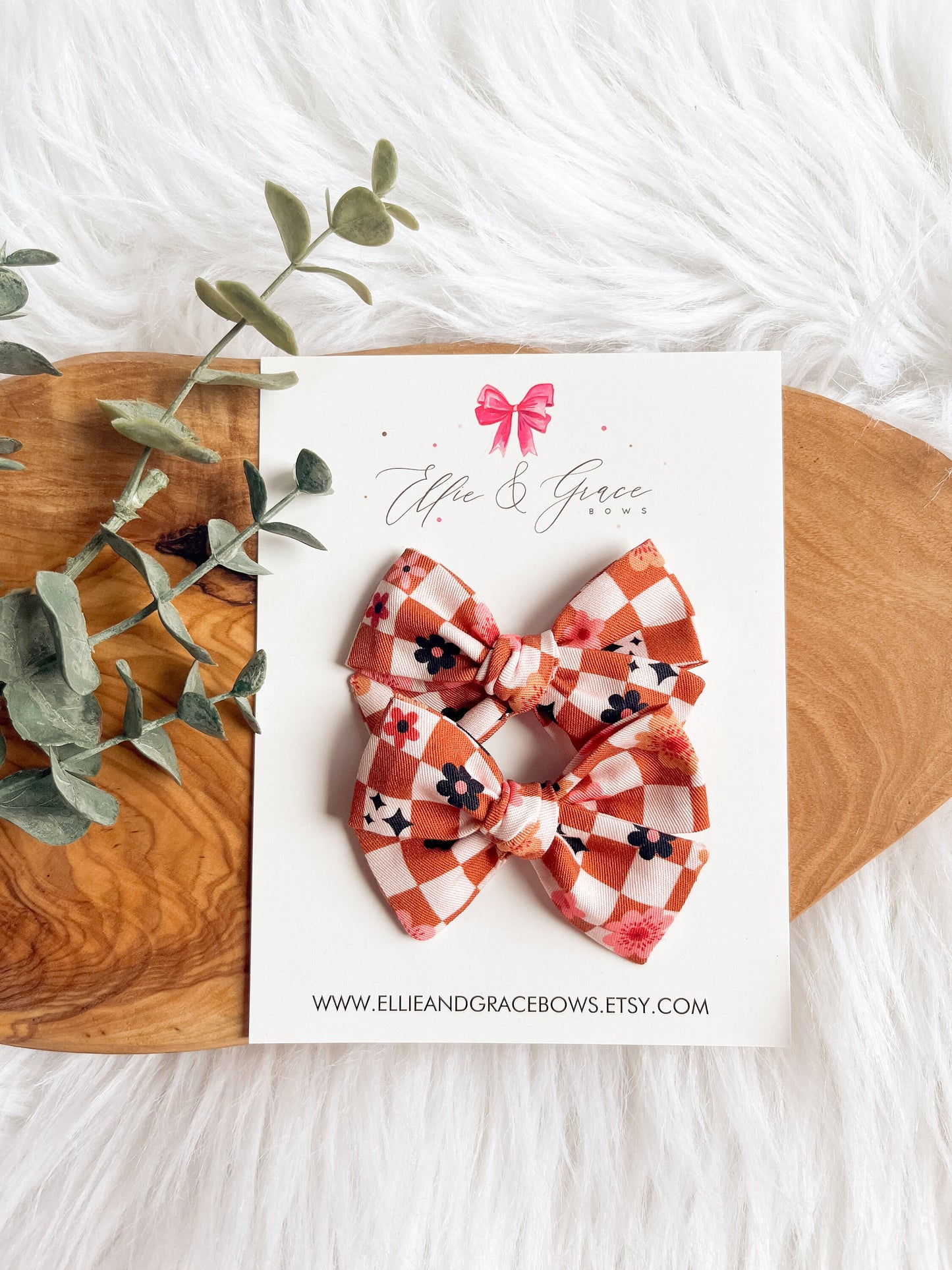 Checkered Flower Bows: Cotton Pigtail Clip Set