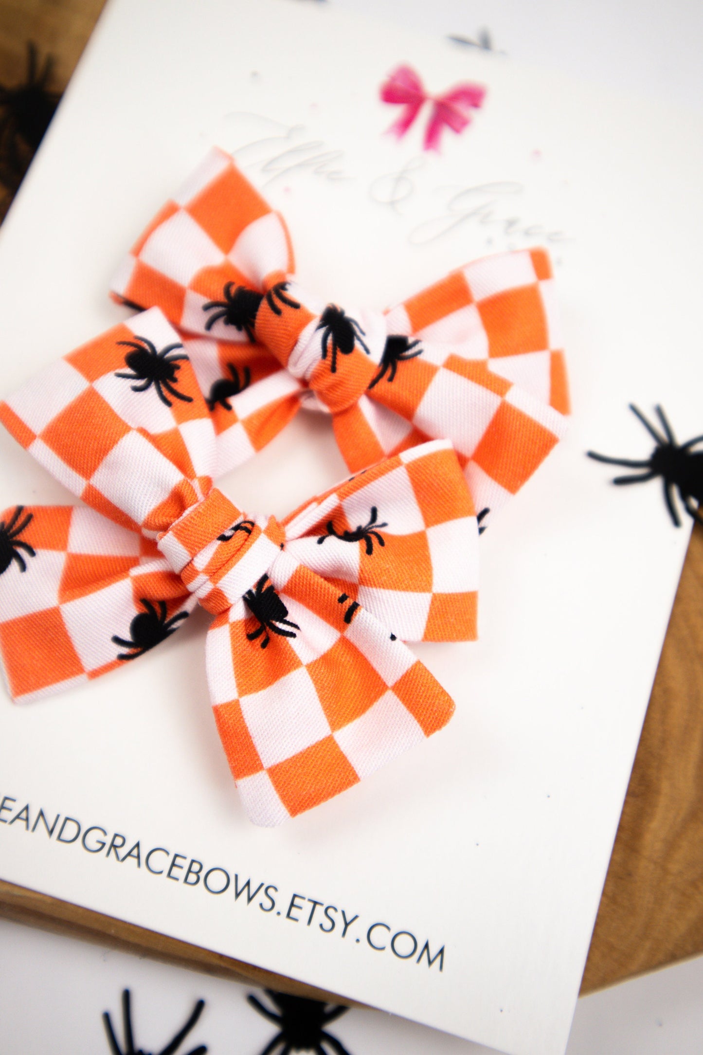 Orange and White Plaid Halloween Bow - Pigtail Bow Set