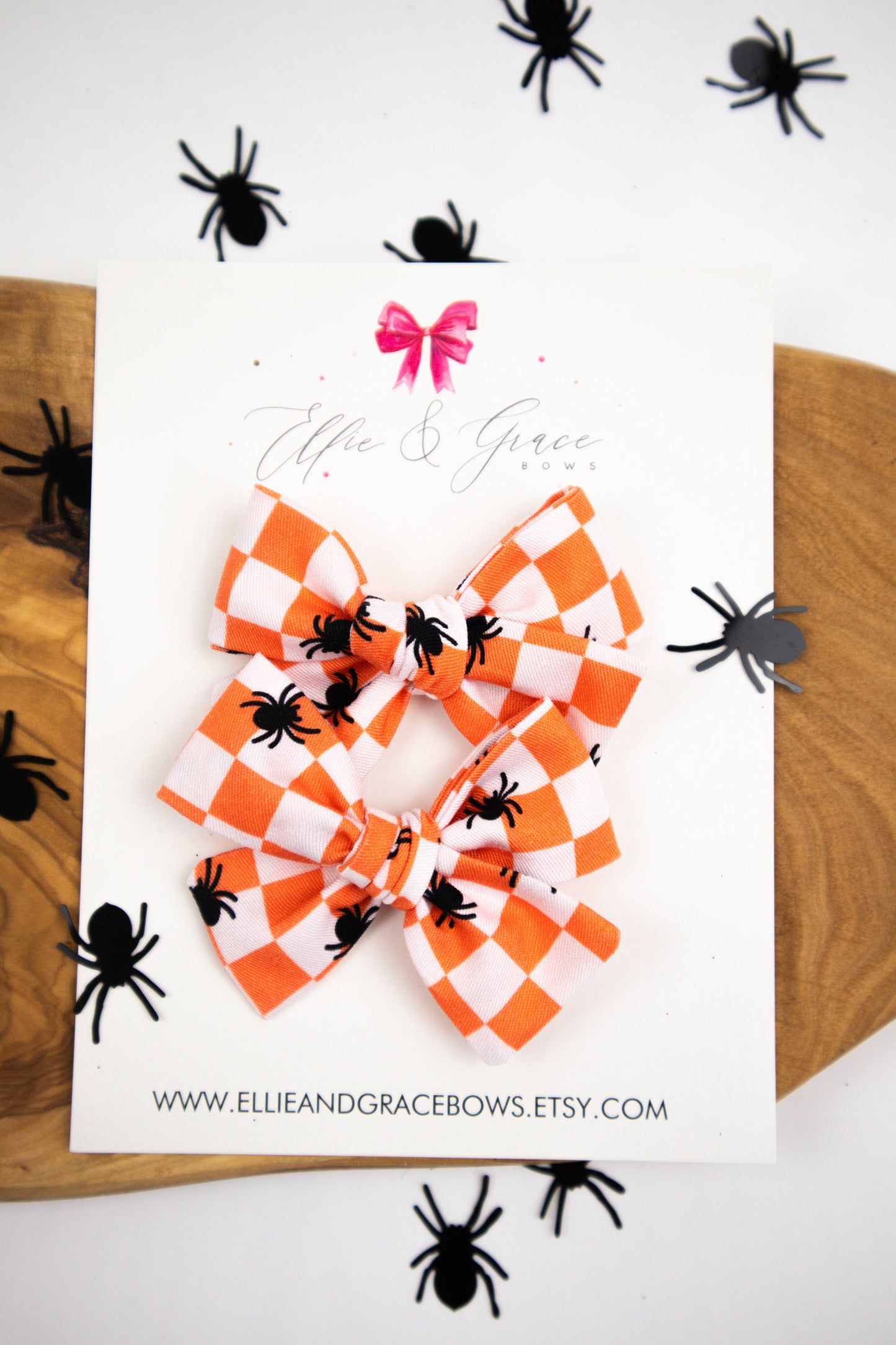 Orange and White Plaid Halloween Bow - Pigtail Bow Set