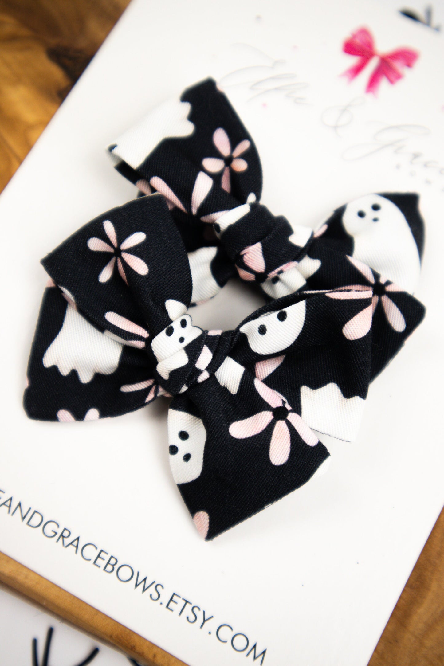 Ghost Hair Bows: Black & Pink Pinwheel Pigtail Set