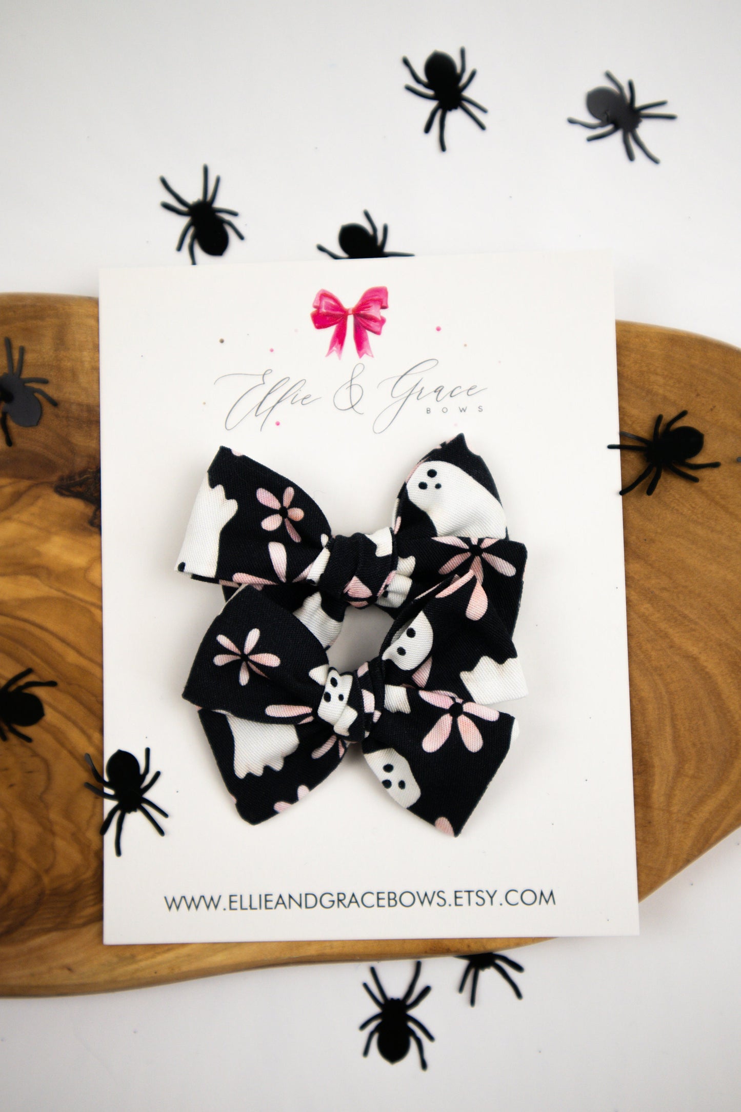 Ghost Hair Bows: Black & Pink Pinwheel Pigtail Set