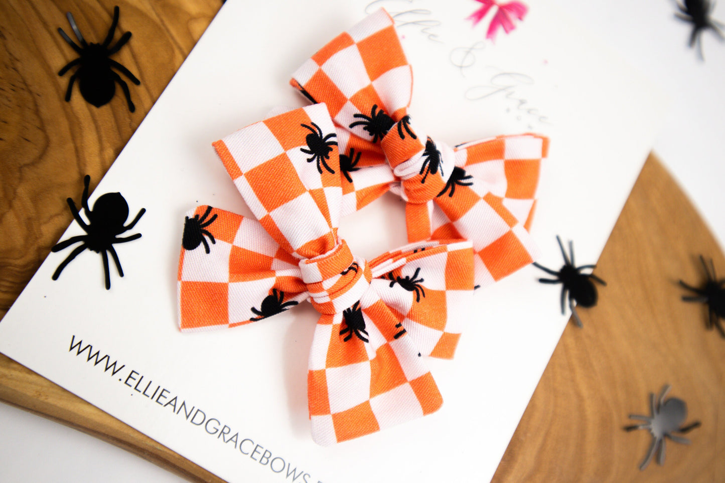 Orange and White Plaid Halloween Bow - Pigtail Bow Set
