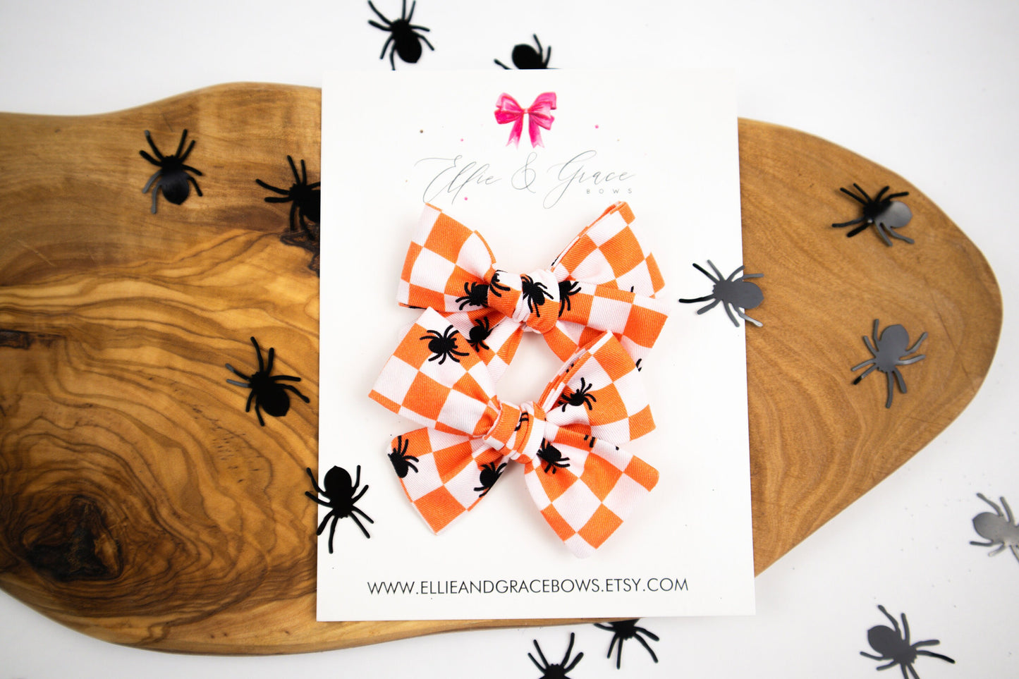 Orange and White Plaid Halloween Bow - Pigtail Bow Set