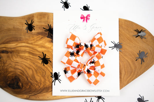 Orange and White Plaid Halloween Bow - Pigtail Bow Set