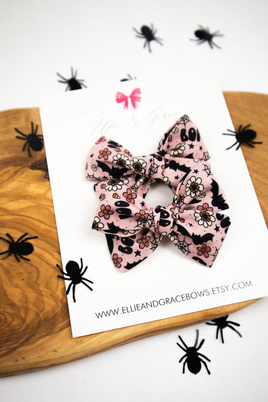 Bat Hair Bows: Pink & Black Halloween Pigtail Set