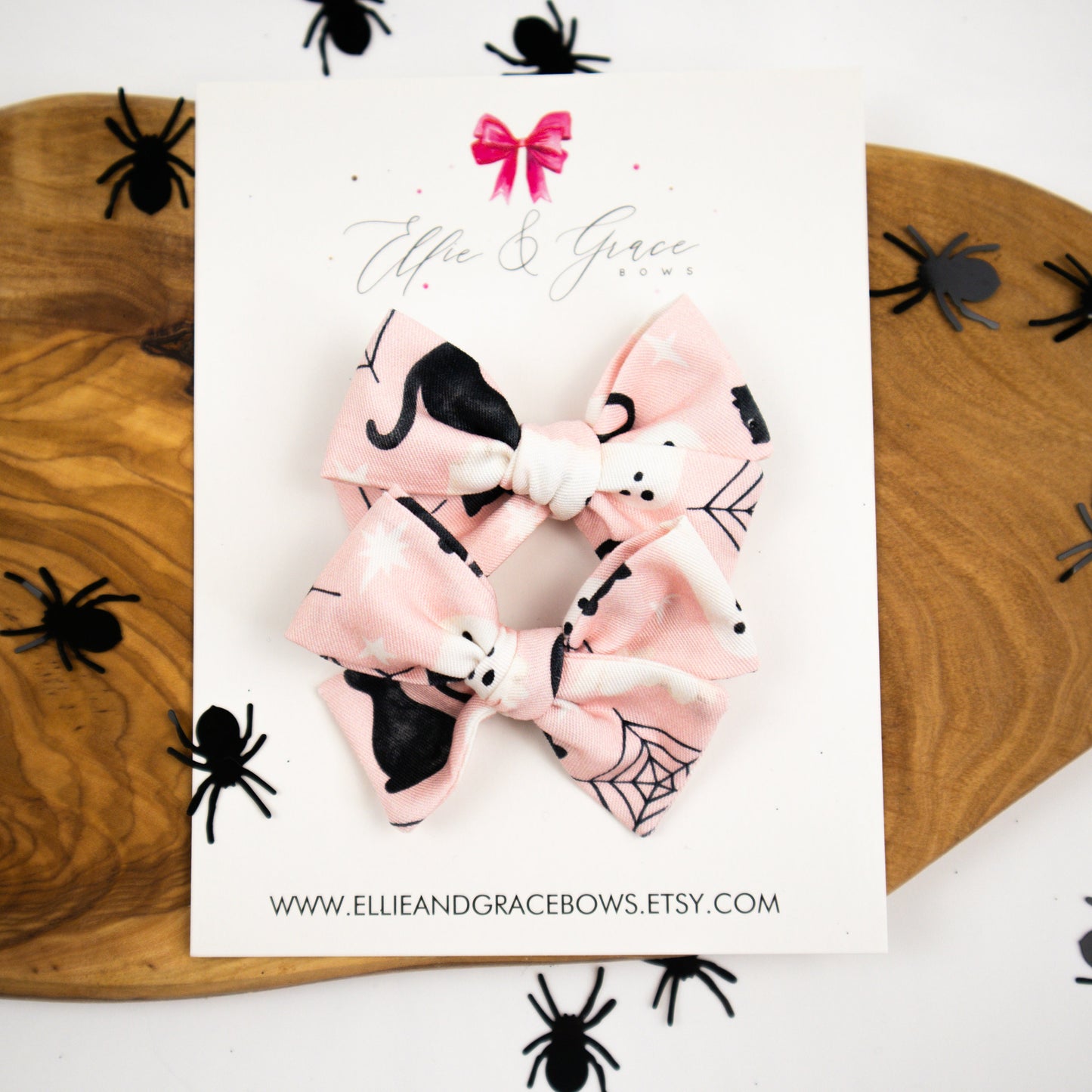 Halloween Hair Bows: Pink Ghost & Cat Pigtail Clips (Set of 2)