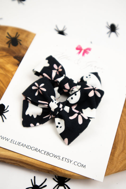 Ghost Hair Bows: Black & Pink Pinwheel Pigtail Set