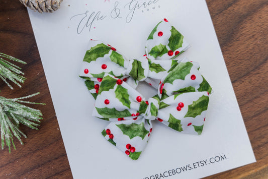 Christmas Holly Pigtail Bow Set - Cotton Fabric Bows