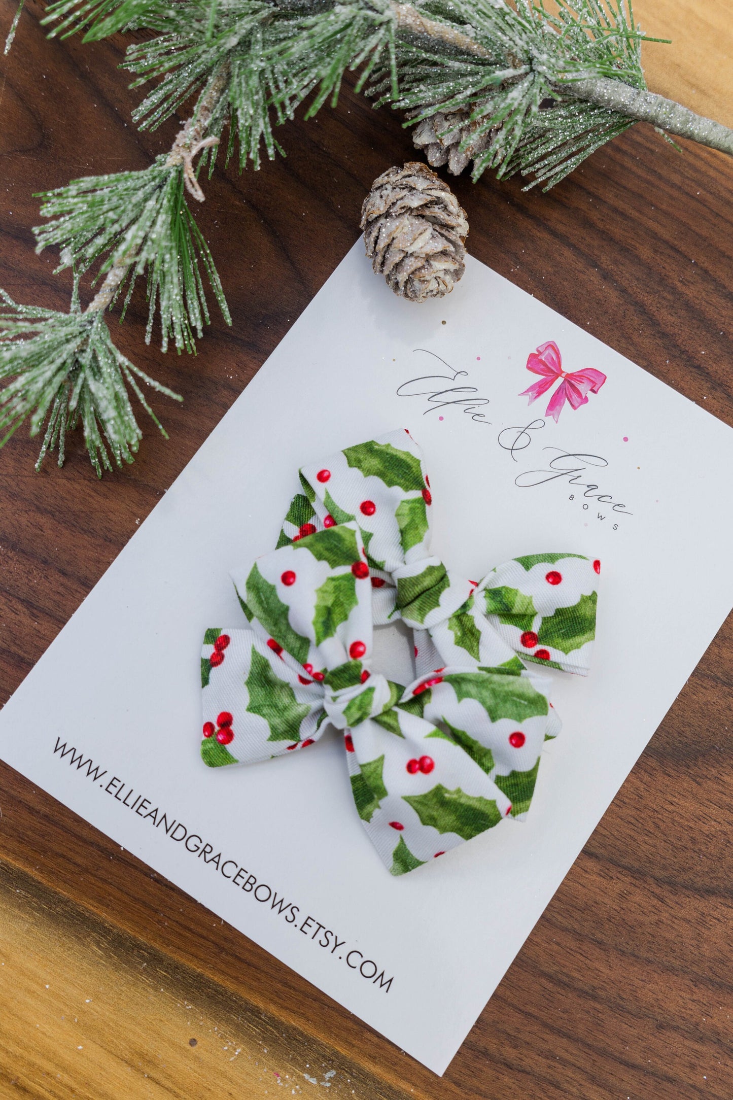 Christmas Holly Pigtail Bow Set - Cotton Fabric Bows