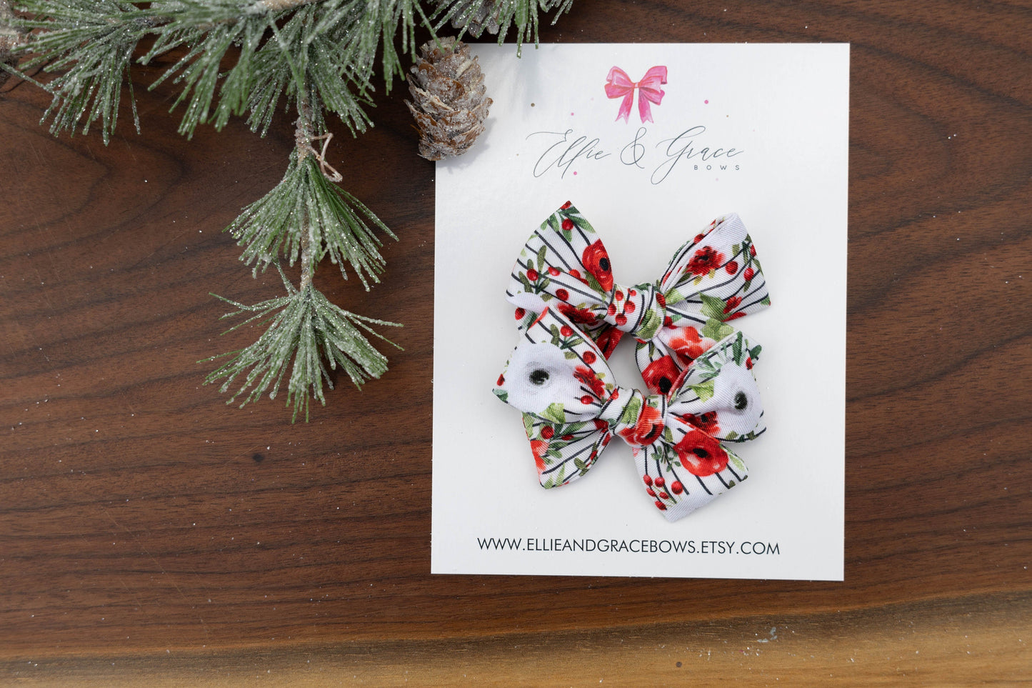 Striped Floral Hand Tied Hair Bows - Pigtail Bow Set